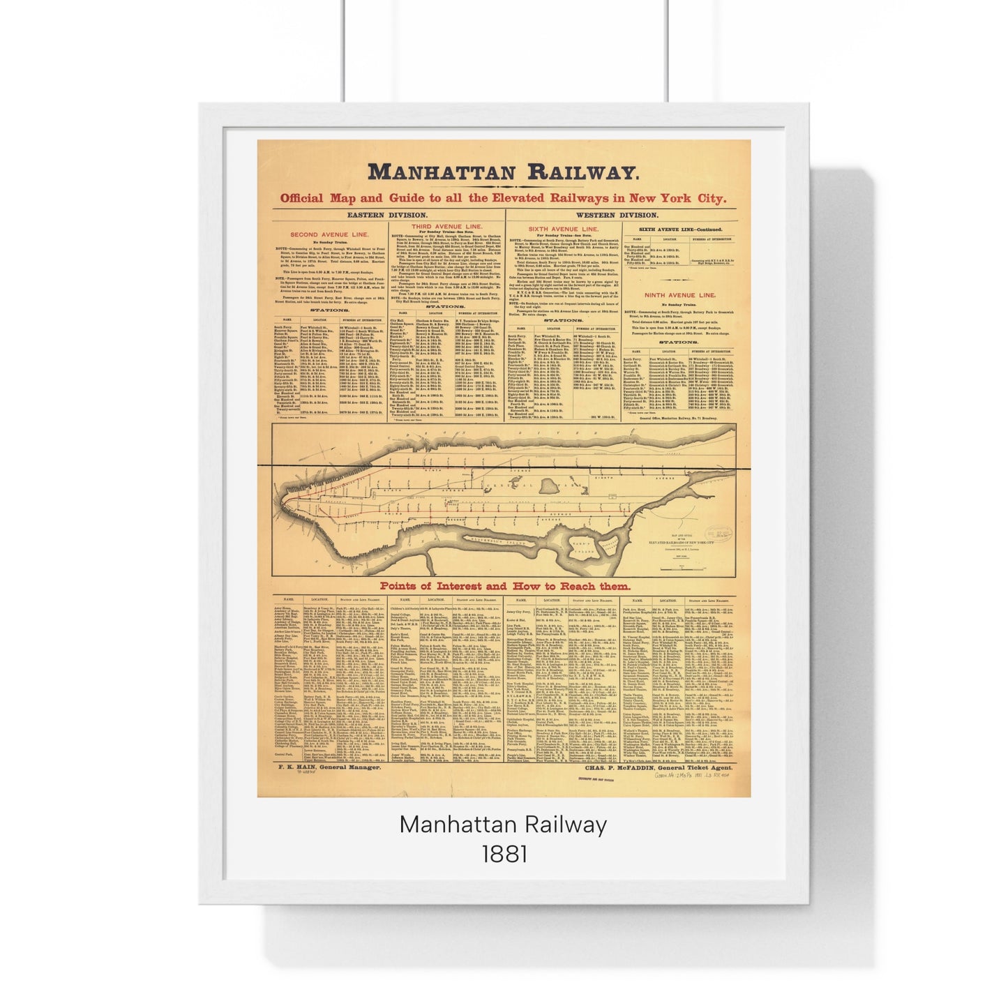 Manhattan Railway Map, New York City, 1881