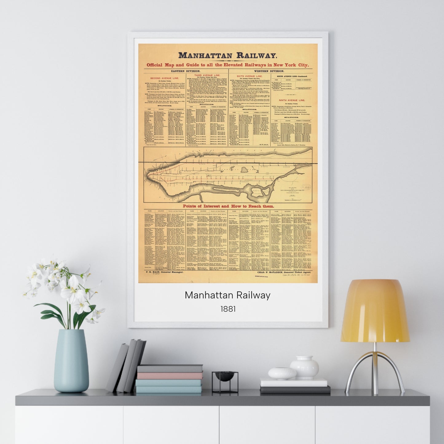 Manhattan Railway Map, New York City, 1881