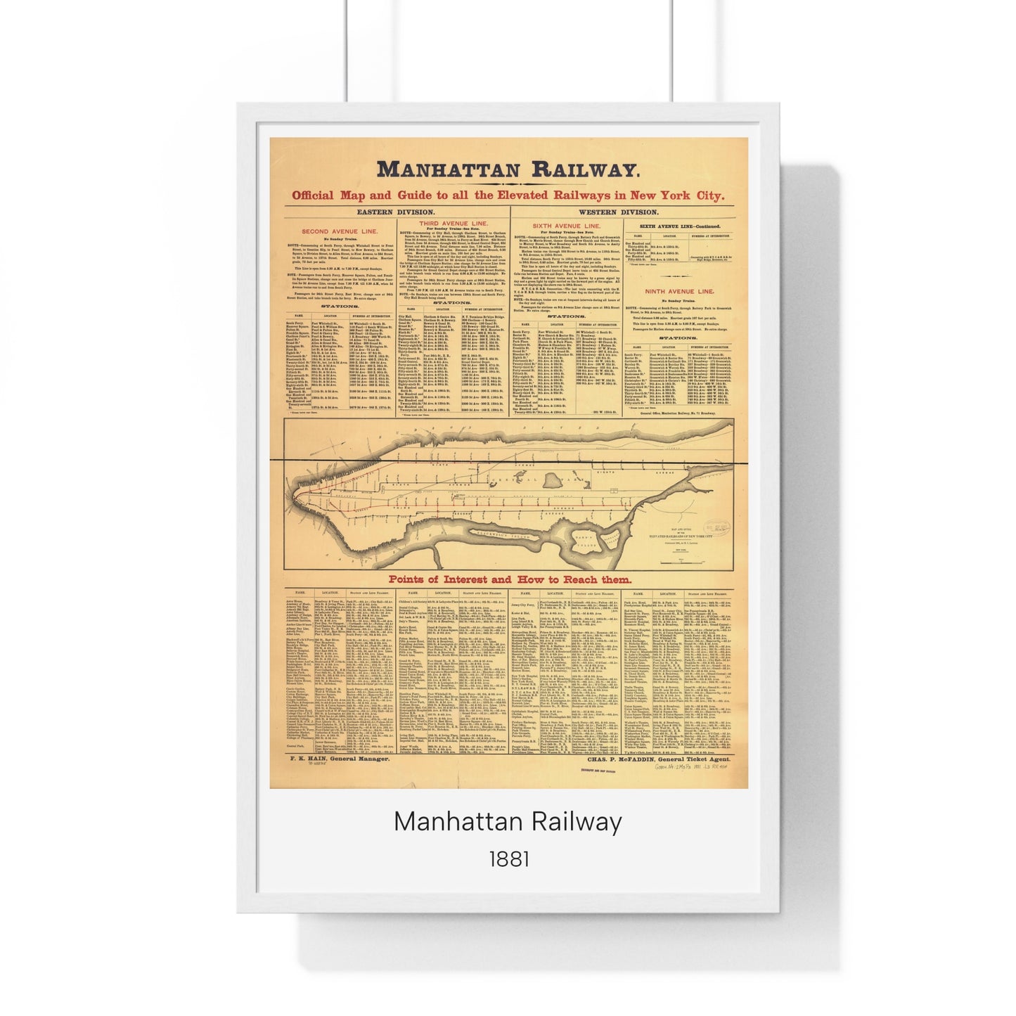 Manhattan Railway Map, New York City, 1881