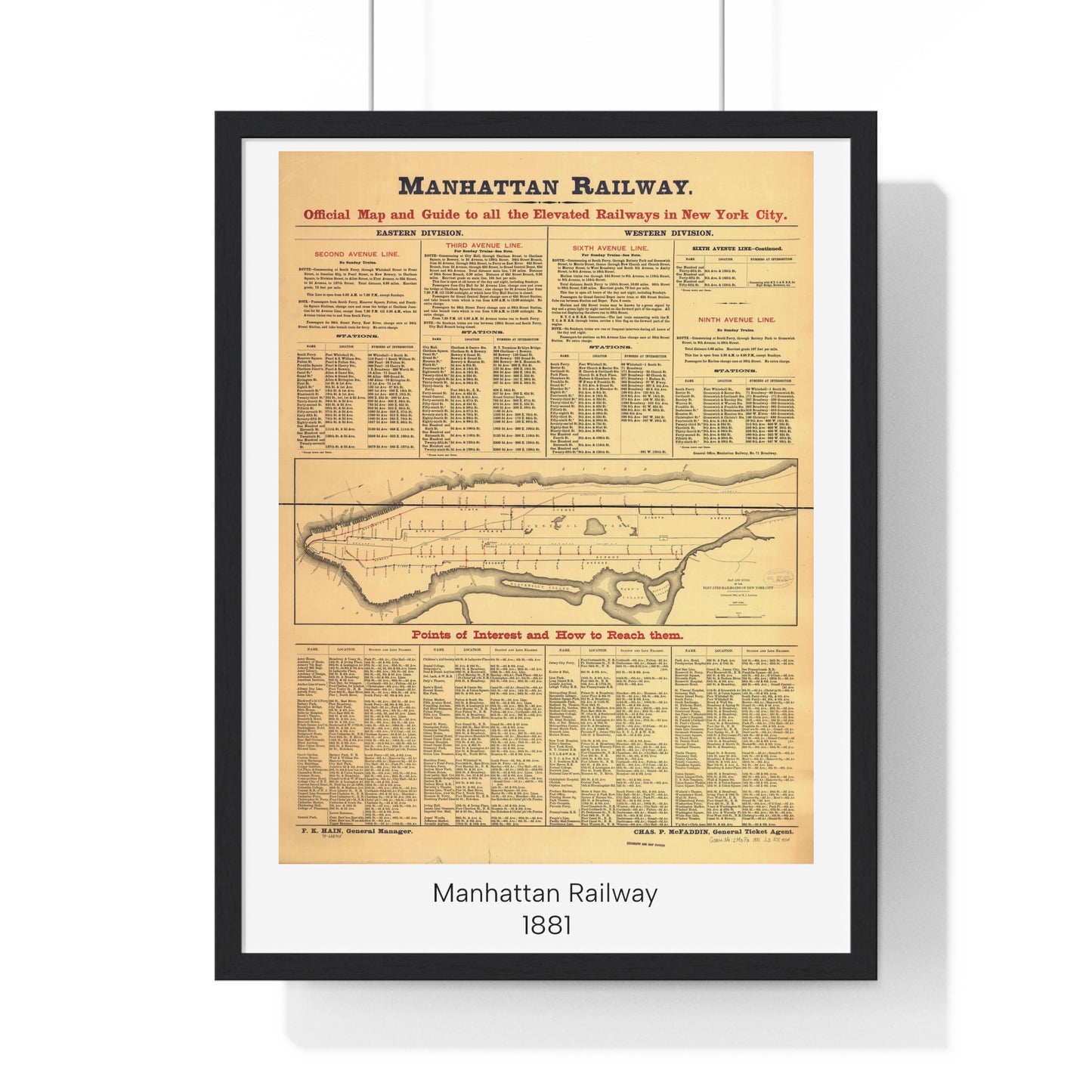 Manhattan Railway Map, New York City, 1881