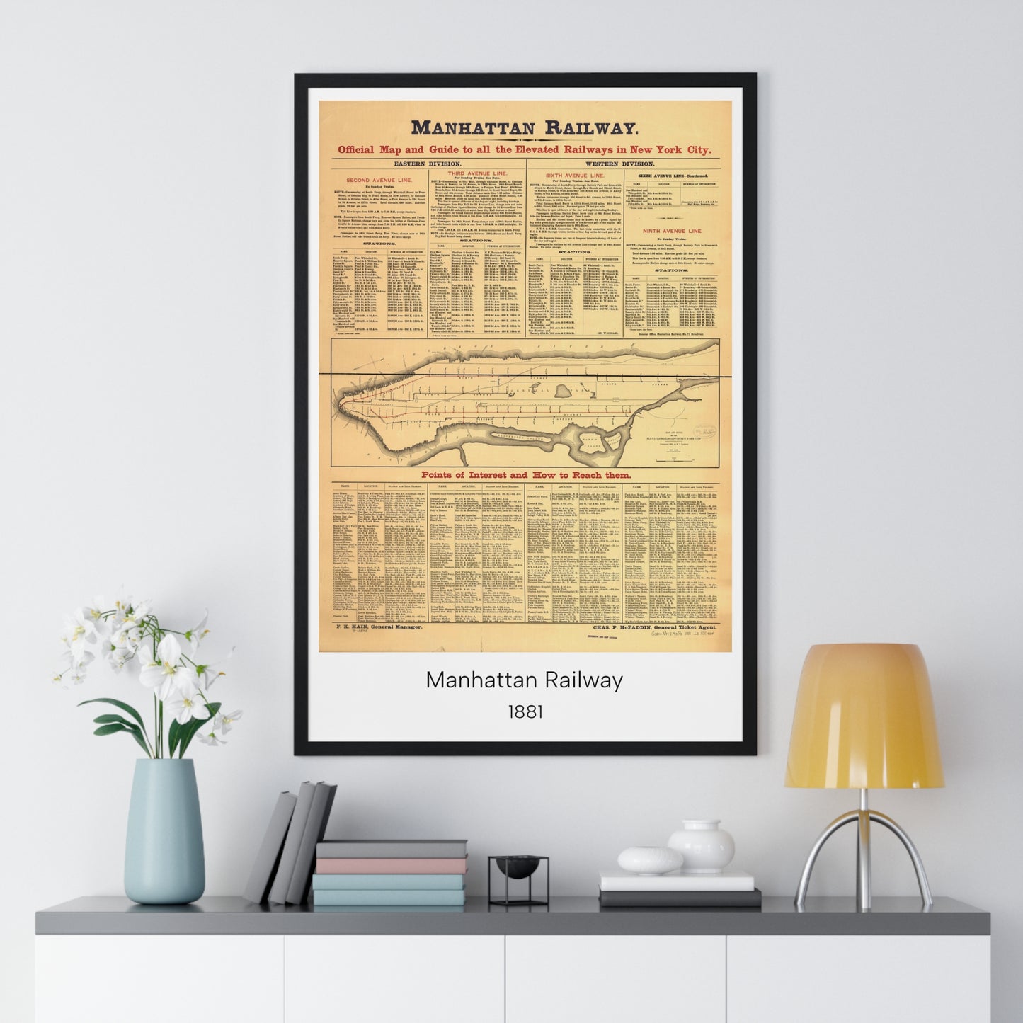 Manhattan Railway Map, New York City, 1881