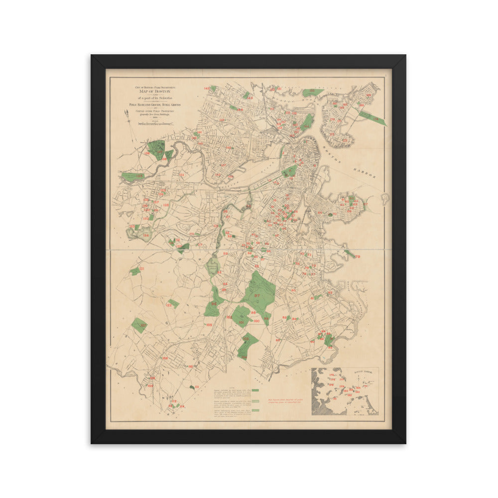 Map of Historic Boston, MA: 1886 Framed poster