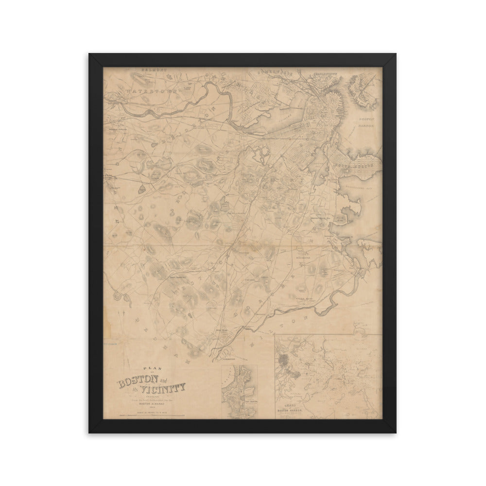 Map of Historic Boston, MA: 1868 Framed poster