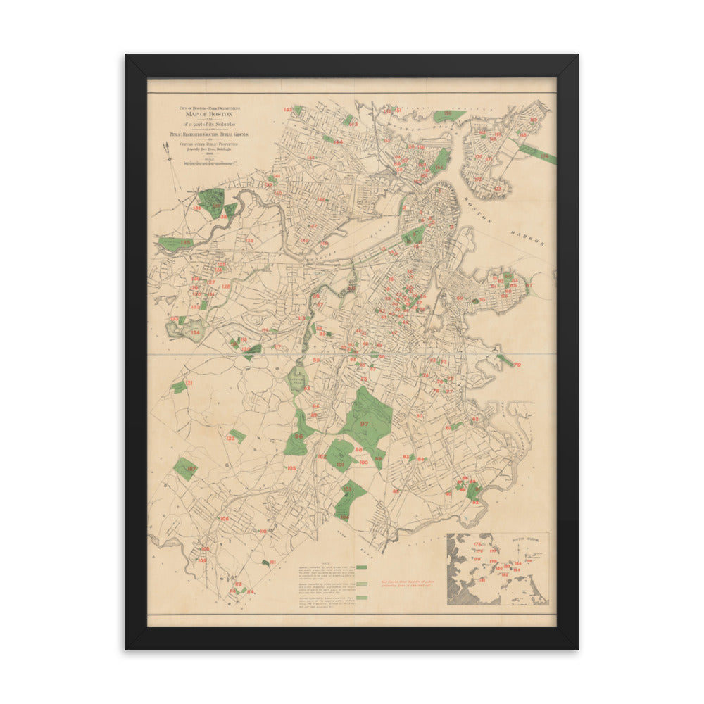 Map of Historic Boston, MA: 1886 Framed poster