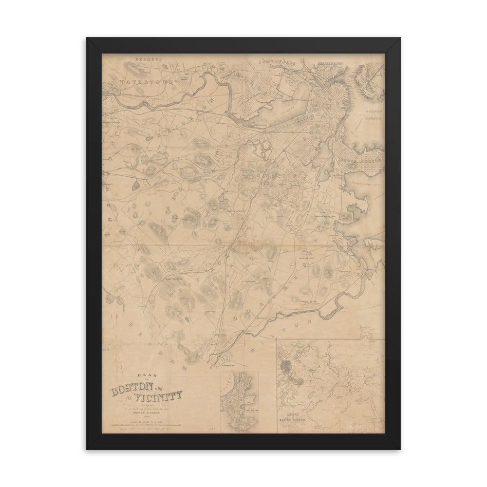 Map of Historic Boston, MA: 1868 Framed poster