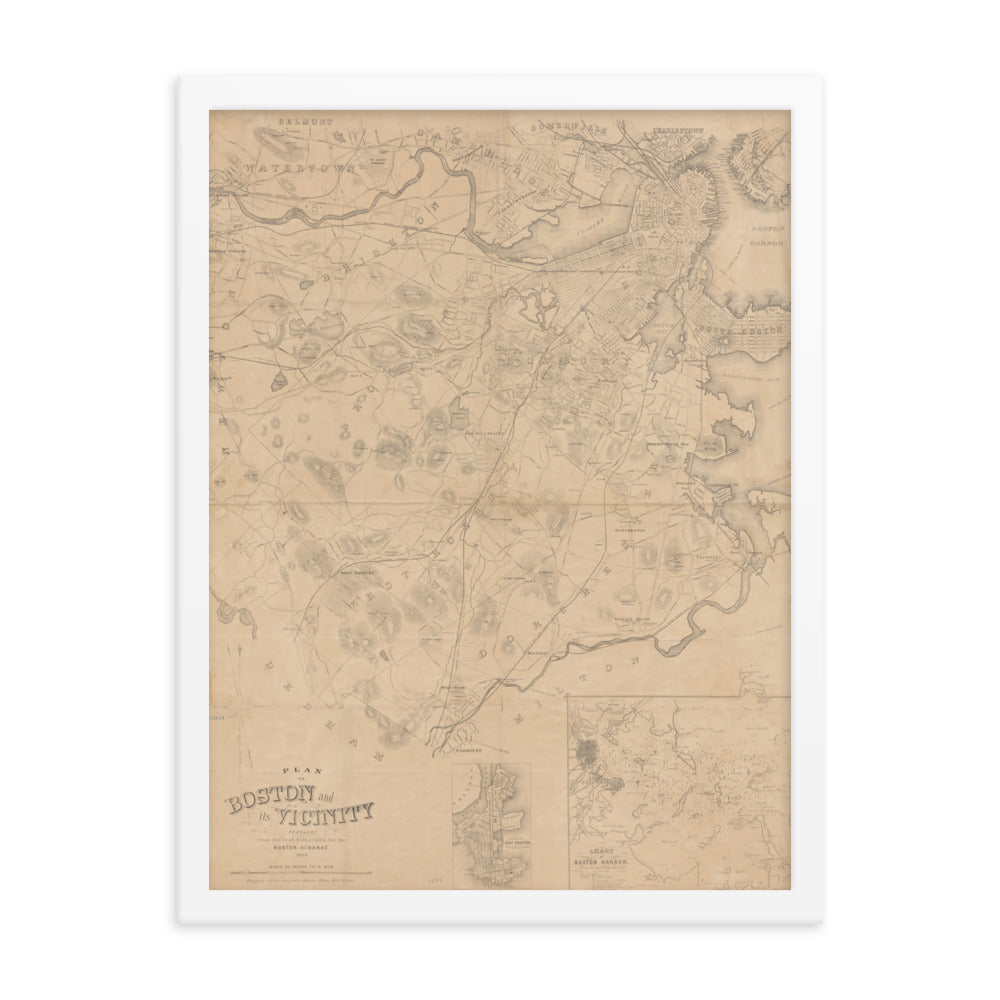 Map of Historic Boston, MA: 1868 Framed poster